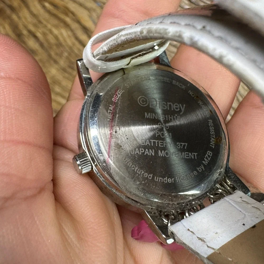 Disney Minnie Mouse Charm Watch White Faux Leather Strap Silver Dial MN1311IE